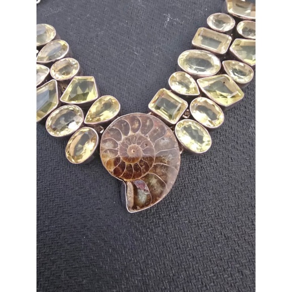 Sterling‎ Silver 925 Ammonite Fossil and Citrine Gemstone Bib Statement Necklace